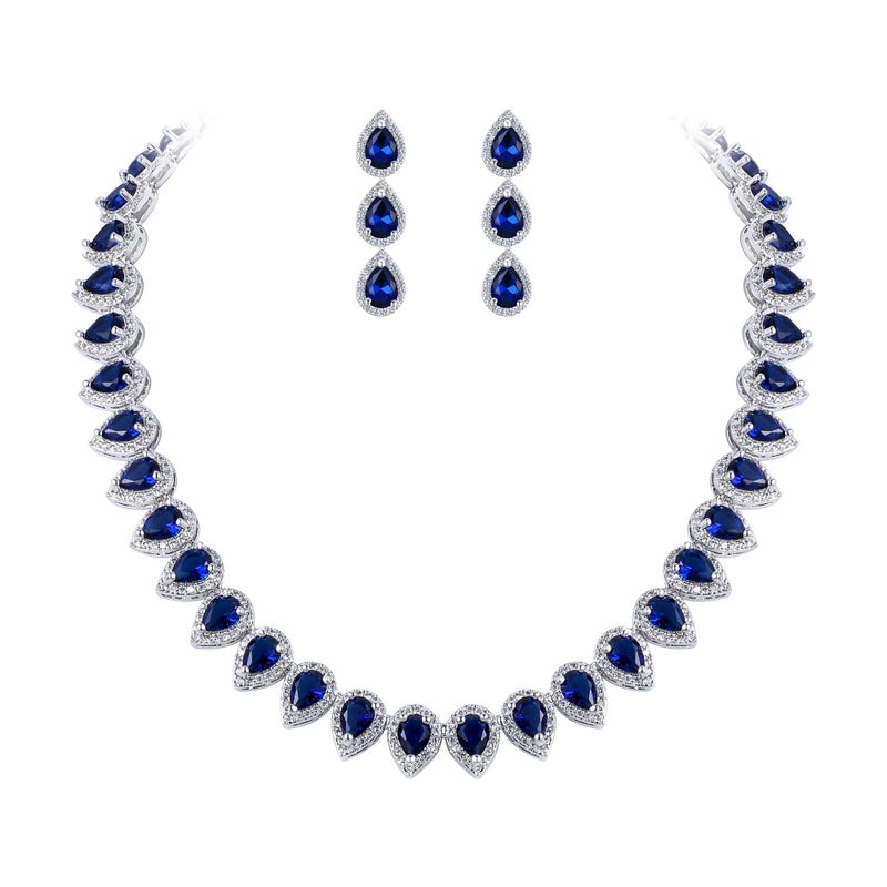 EleQueen Women's Wedding Bridal Full Prong Cubic Zirconia Teardrop Necklace Earrings Set for Brides Bridesmaids Sapphire Color - Image 1